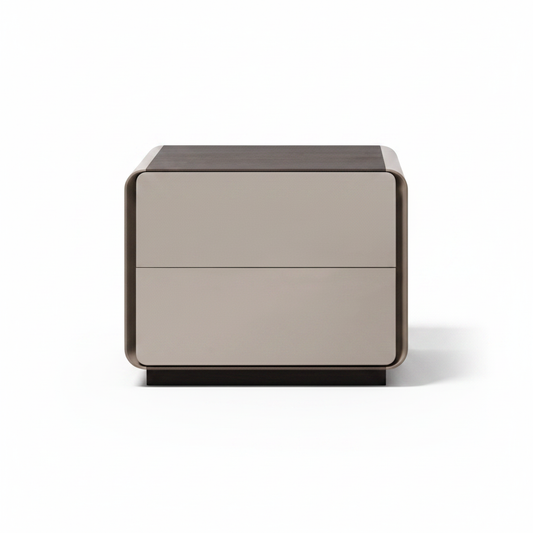 Rounded light grey greige matte two-drawer bedside table on dark espresso wood plinth base, front view on white background