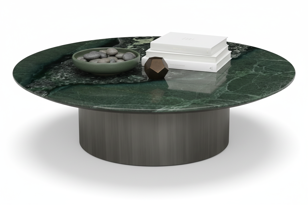 Viridis Round Green Marble Coffee Table styled with accessories