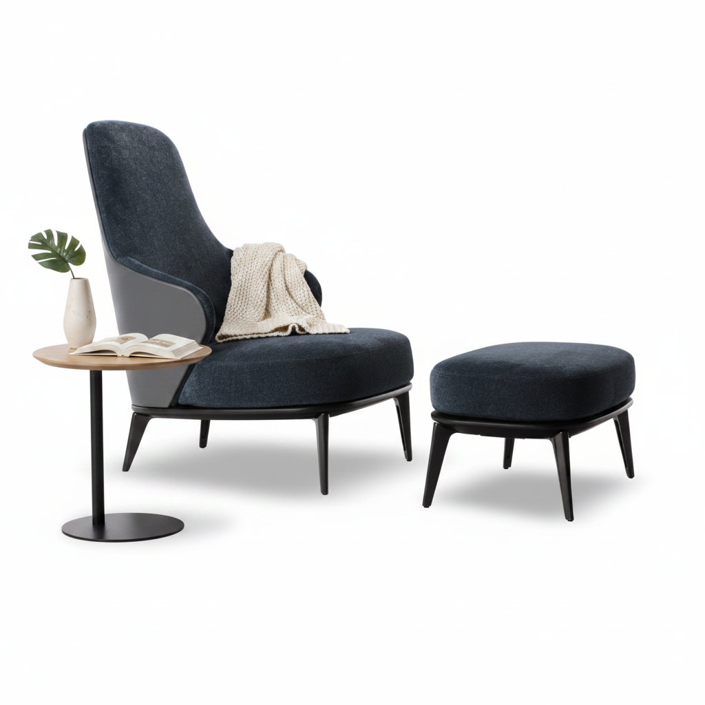 Sereno High-Back Chair & Ottoman — styled with accessories