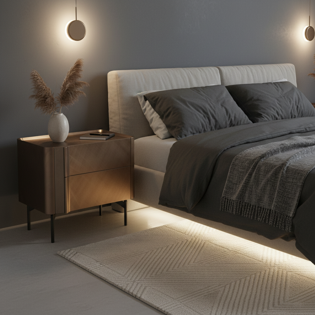 Warm brushed bronze metallic bedside table styled in a luxury modern bedroom
