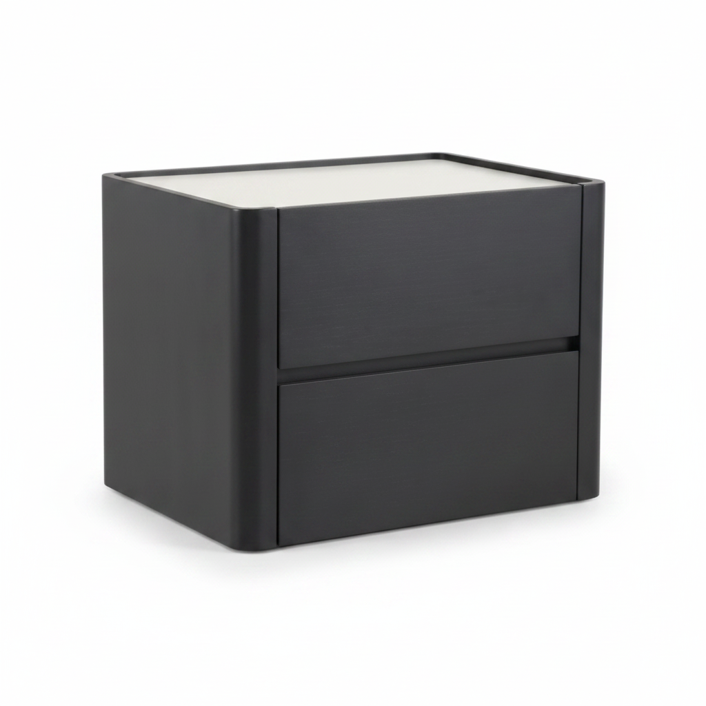 Side view of matte charcoal handleless two-drawer bedside table