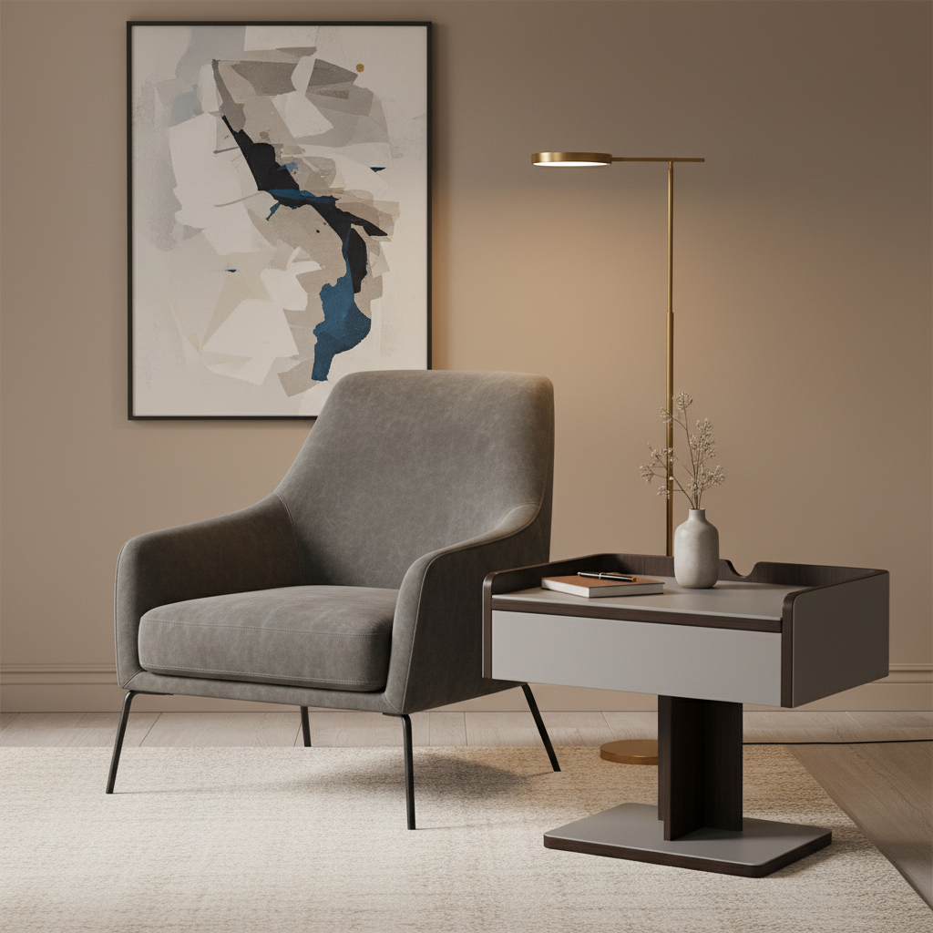 Grey metal top side table with dark espresso wood pedestal styled in a luxury modern living room