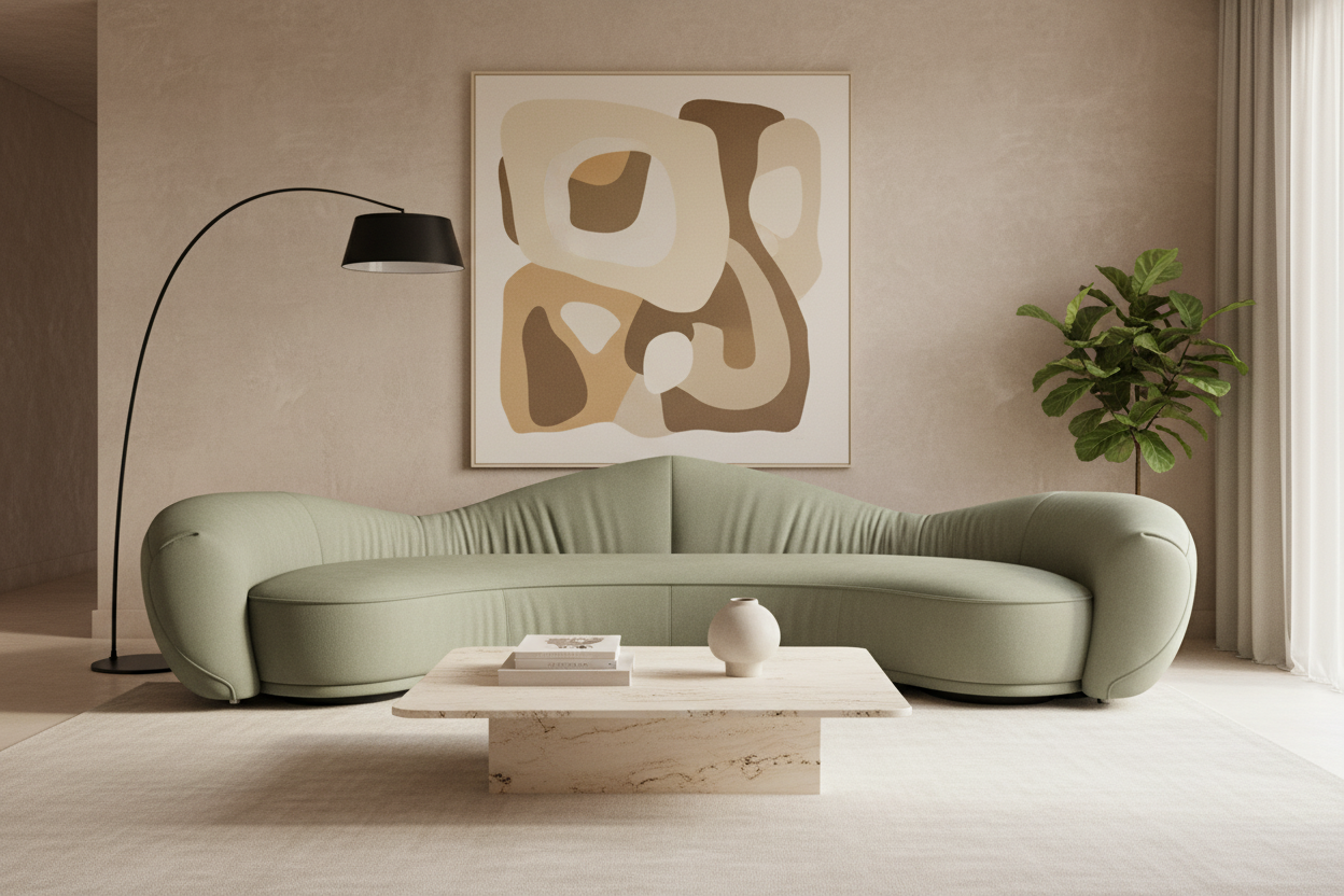 Vellara curved bouclé sofa in a modern luxury living room interior