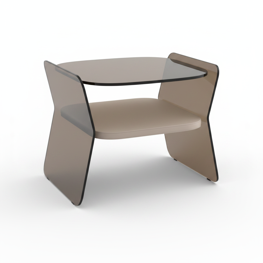Back view of smoked bronze amber tinted glass panel side table on white background
