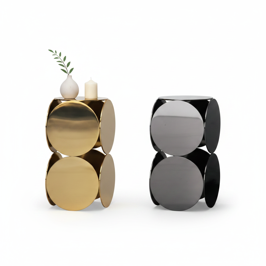 Orbis Side Table in both Champagne Gold and Gunmetal Black finishes with accessories