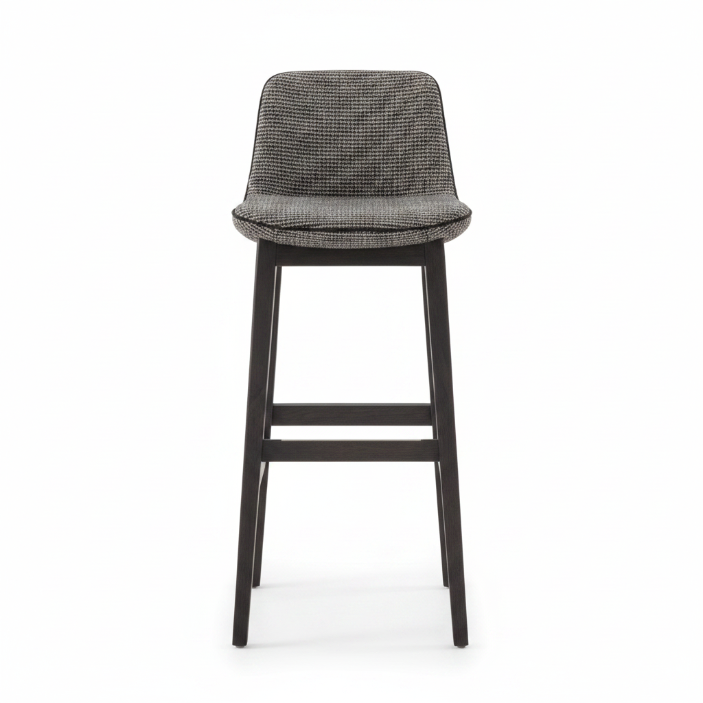 Dark charcoal woven fabric slim shell-back bar stool with dark espresso wood frame, front view on white background