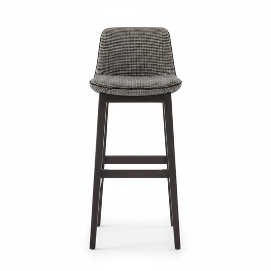 Dark charcoal woven fabric slim shell-back bar stool with dark espresso wood frame, front view on white background