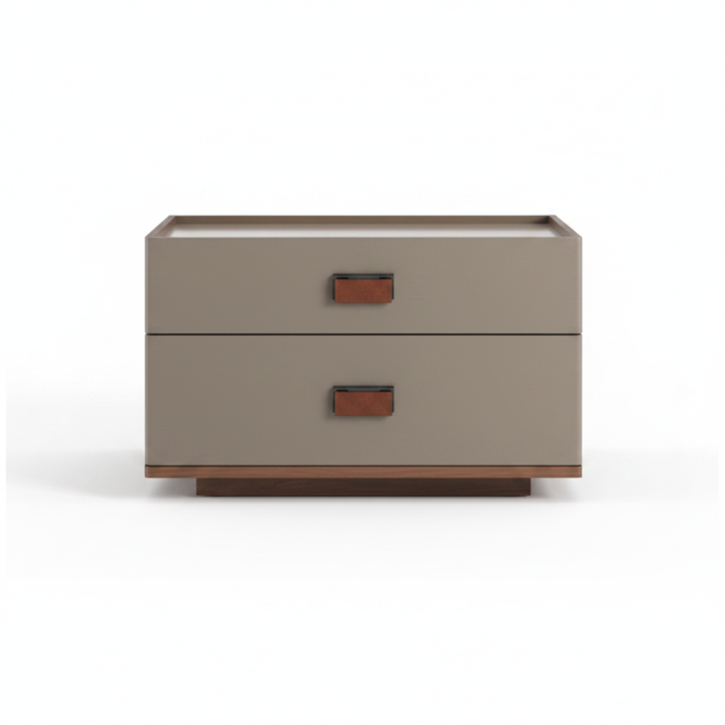 Top view of warm greige matte low bedside table with cognac leather pull tab handles