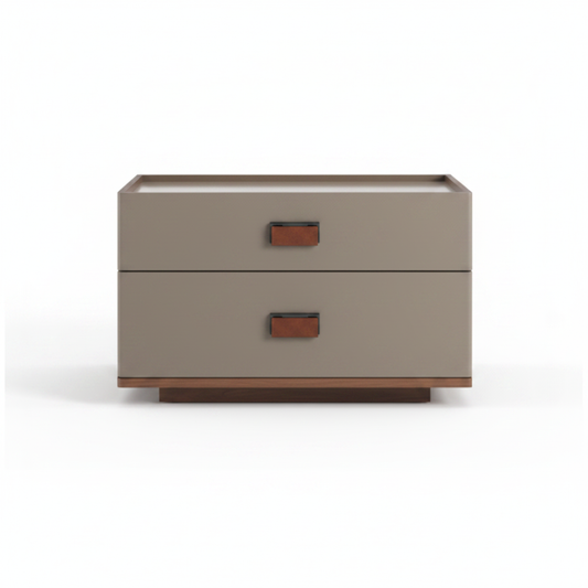 Top view of warm greige matte low bedside table with cognac leather pull tab handles