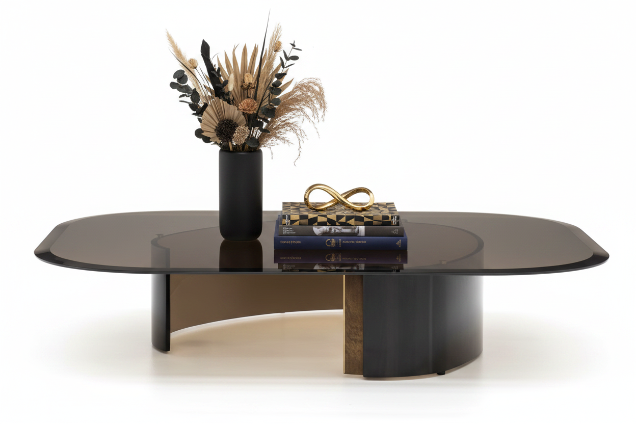 Lunaris Smoked Glass Coffee Table styled with accessories