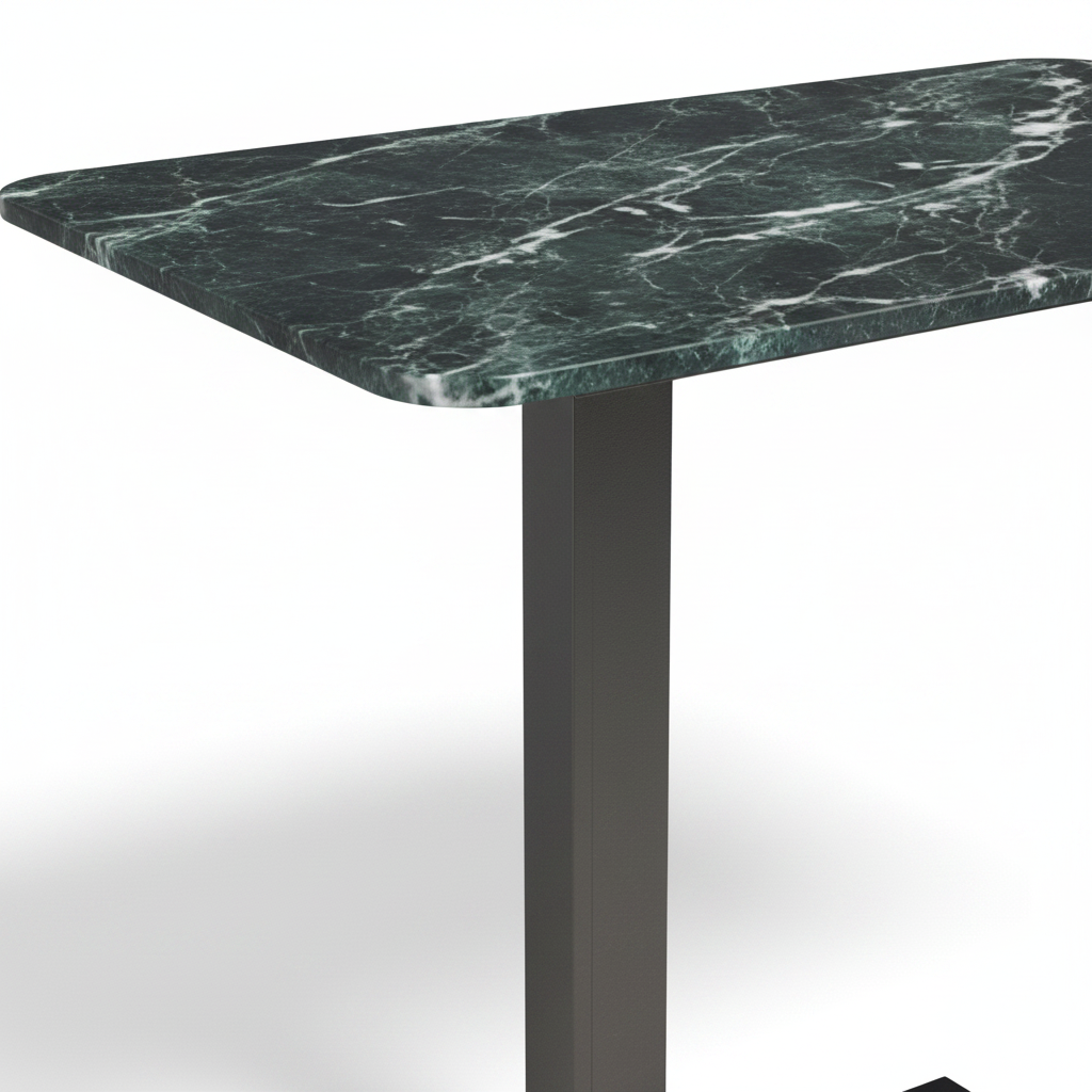 Close-up of Latus Laptop Table emerald marble surface veining and T-base junction