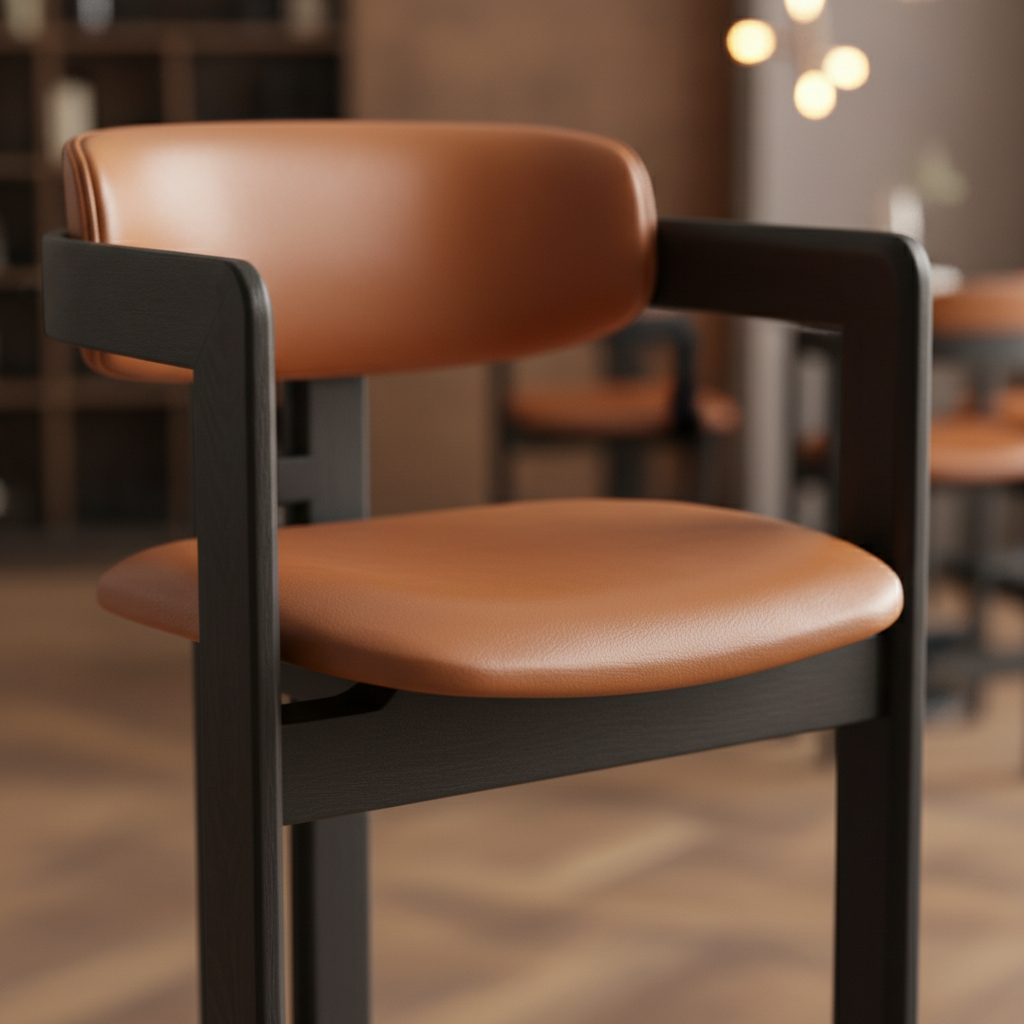 Close-up of cognac tan leather seat and matte black wood frame detail on Archeo Bar Stool