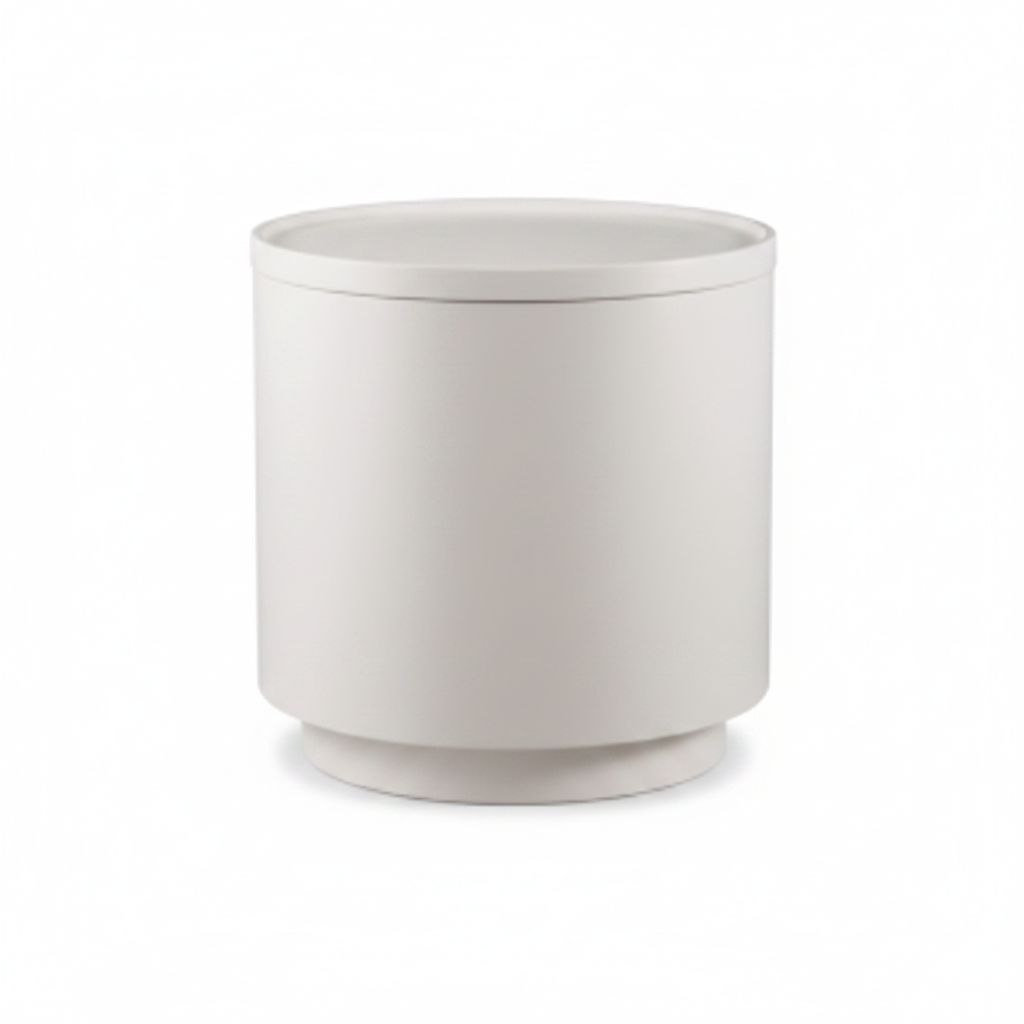 Back view of warm white matte cylindrical bedside table on white background