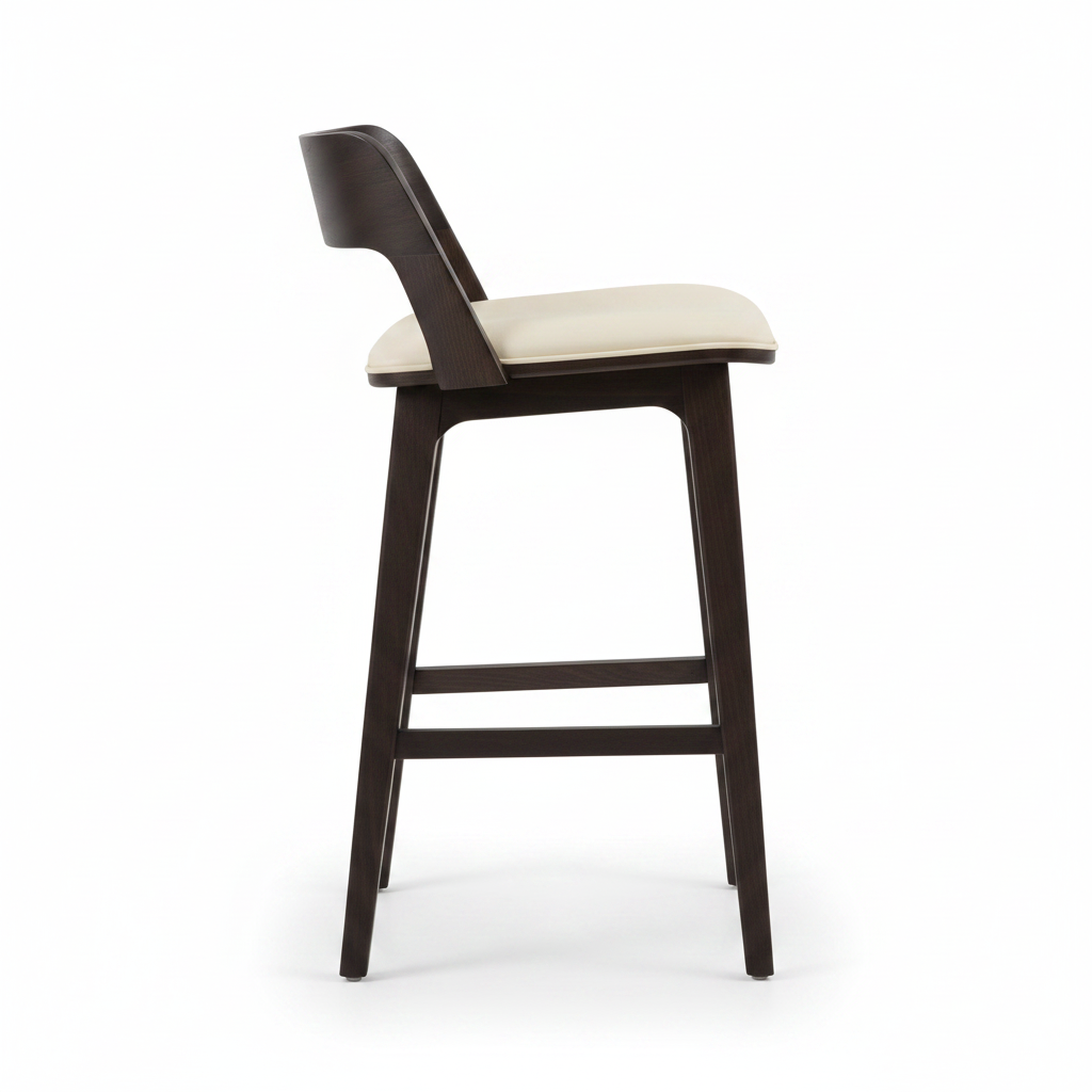 Side view of cream leather bar stool showing curved back and dark espresso wood frame