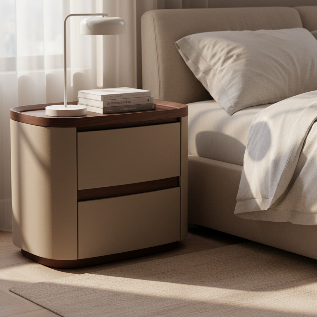 Close-up of greige matte surface with slim walnut inlay strip and dark walnut oval top edge on Fascia Bedside Table