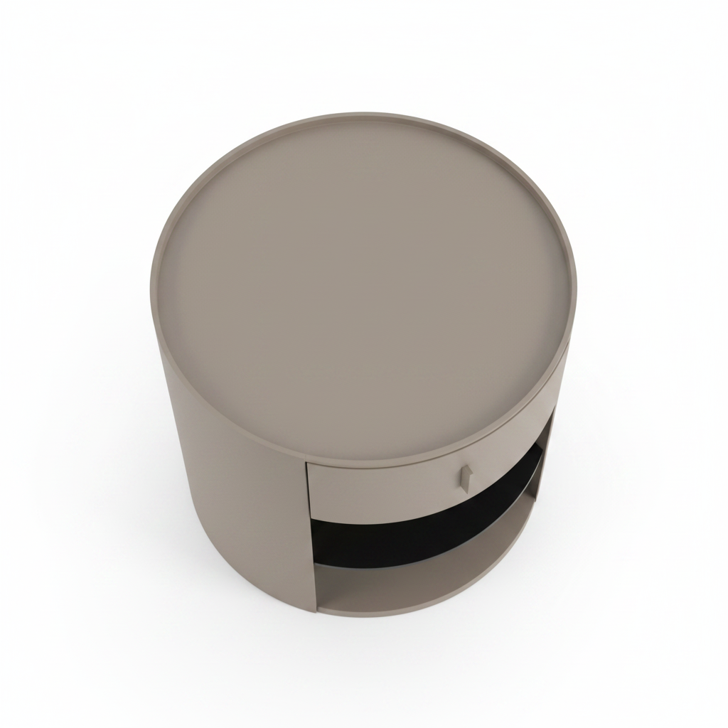 Top view of warm taupe cylindrical bedside table showing round top with raised lip