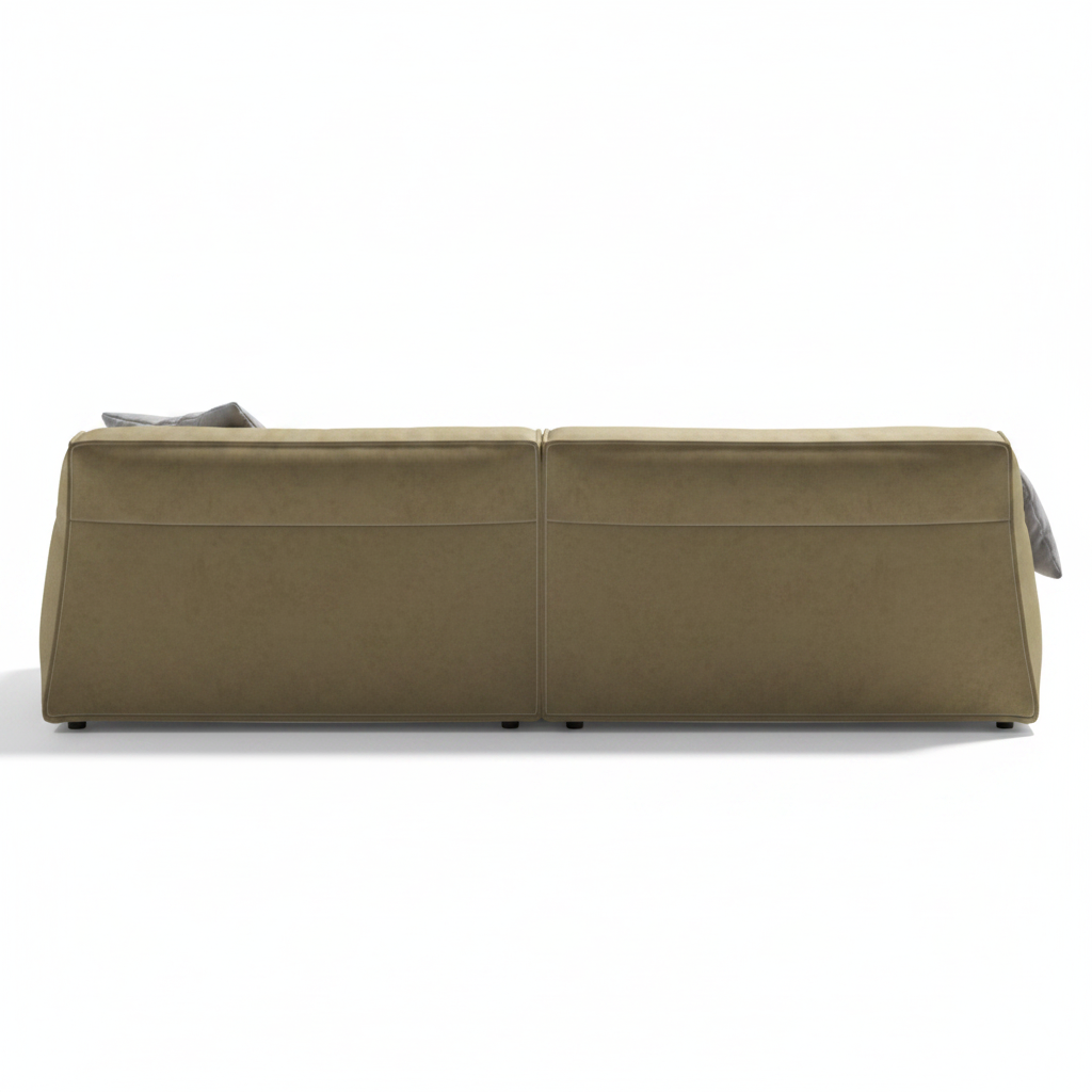 Solano wide velvet sofa in olive, back view