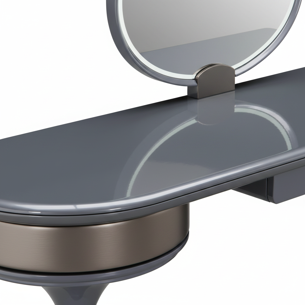 Close-up of slate grey lacquer surface, gunmetal bronze tulip band and LED mirror frame detail