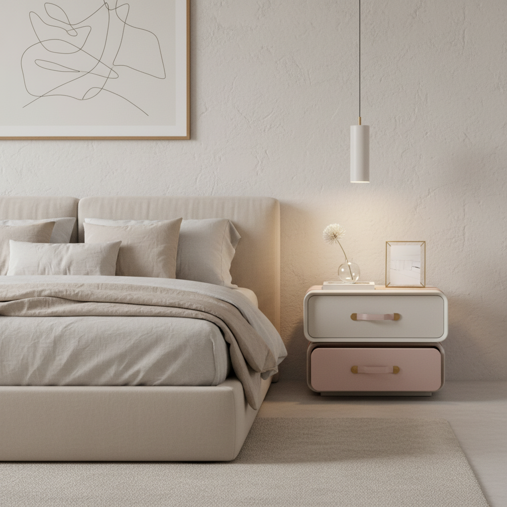 Cream and blush pink stepped bedside table styled in a luxury modern bedroom