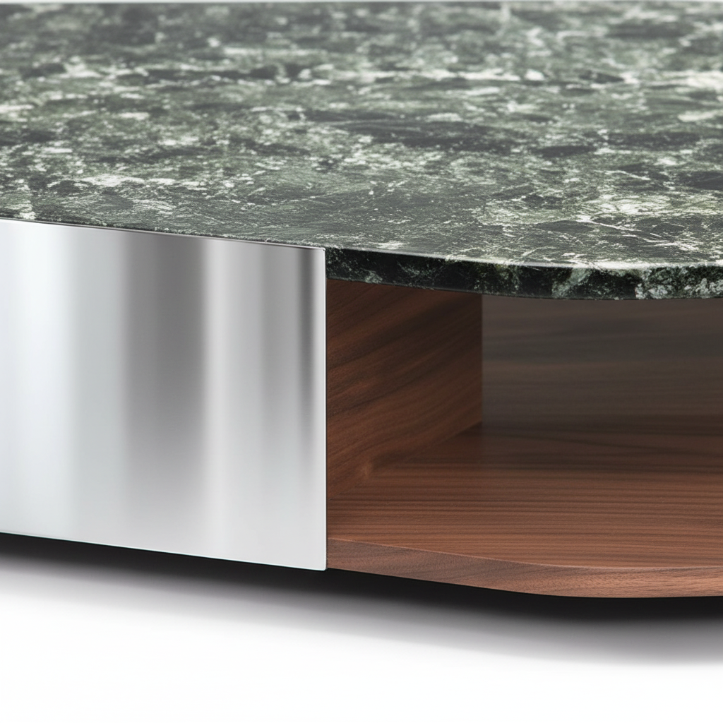Close-up of the green stone edge meeting the polished stainless steel body and walnut shelf