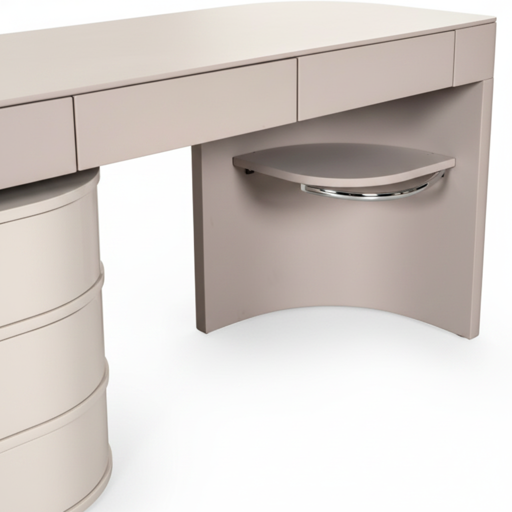 Close-up of cream lacquer curved drum drawer and silver handle detail
