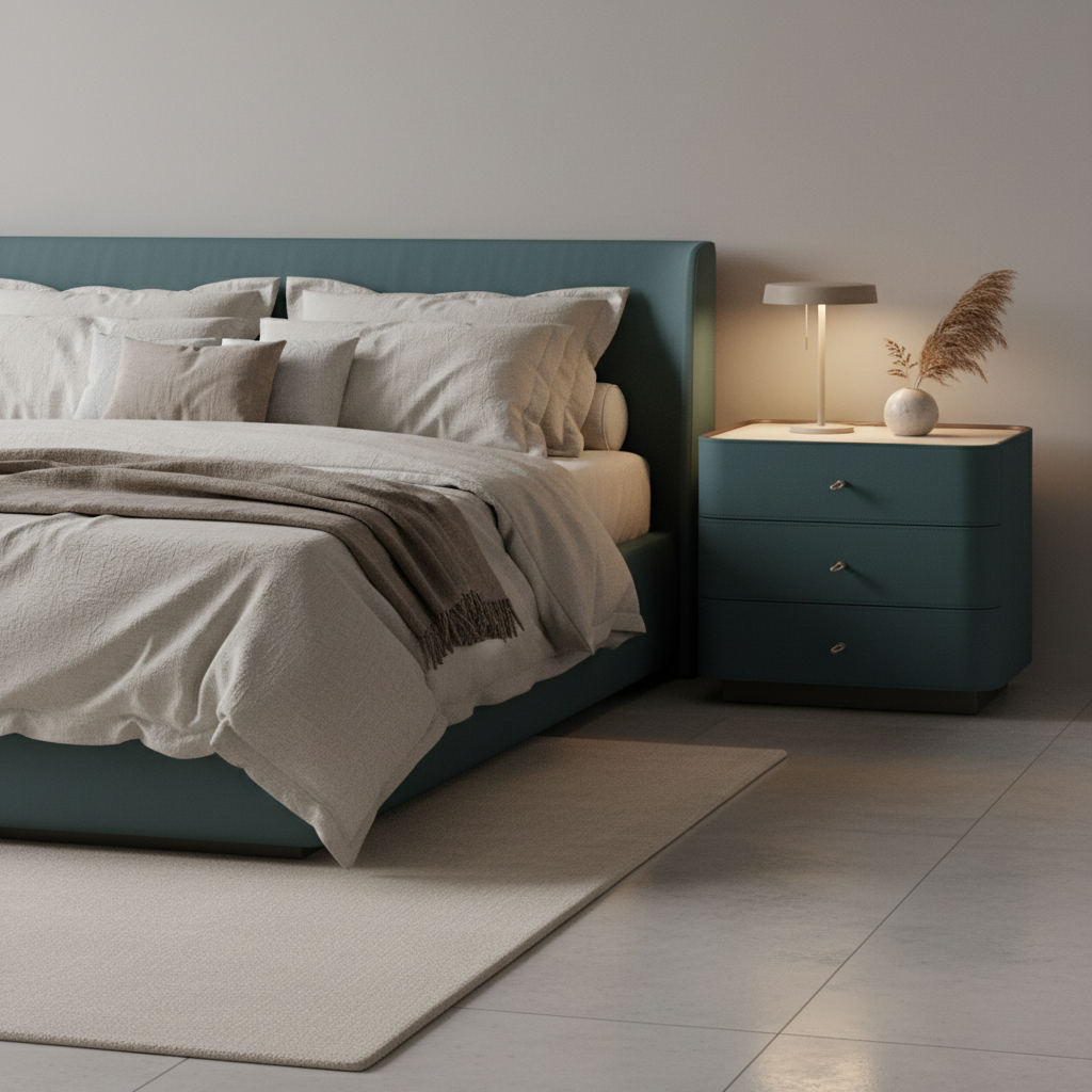 Deep teal upholstered bedside table with cream top styled in a luxury modern bedroom