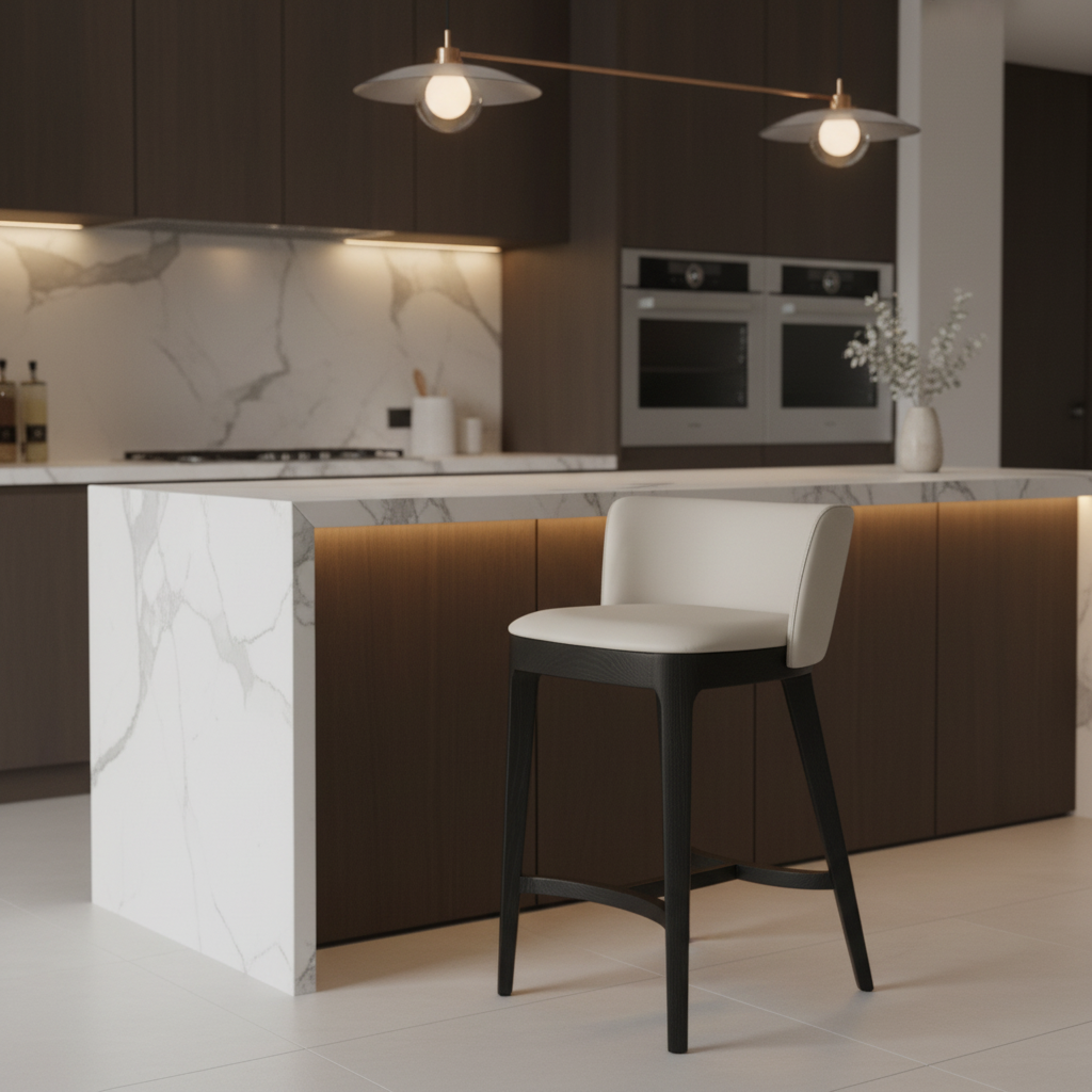 Cream leather low-back bar stool styled at a luxury modern kitchen island