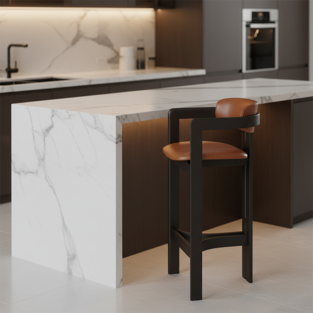Cognac leather armed bar stool with black wood frame styled at a luxury modern kitchen island