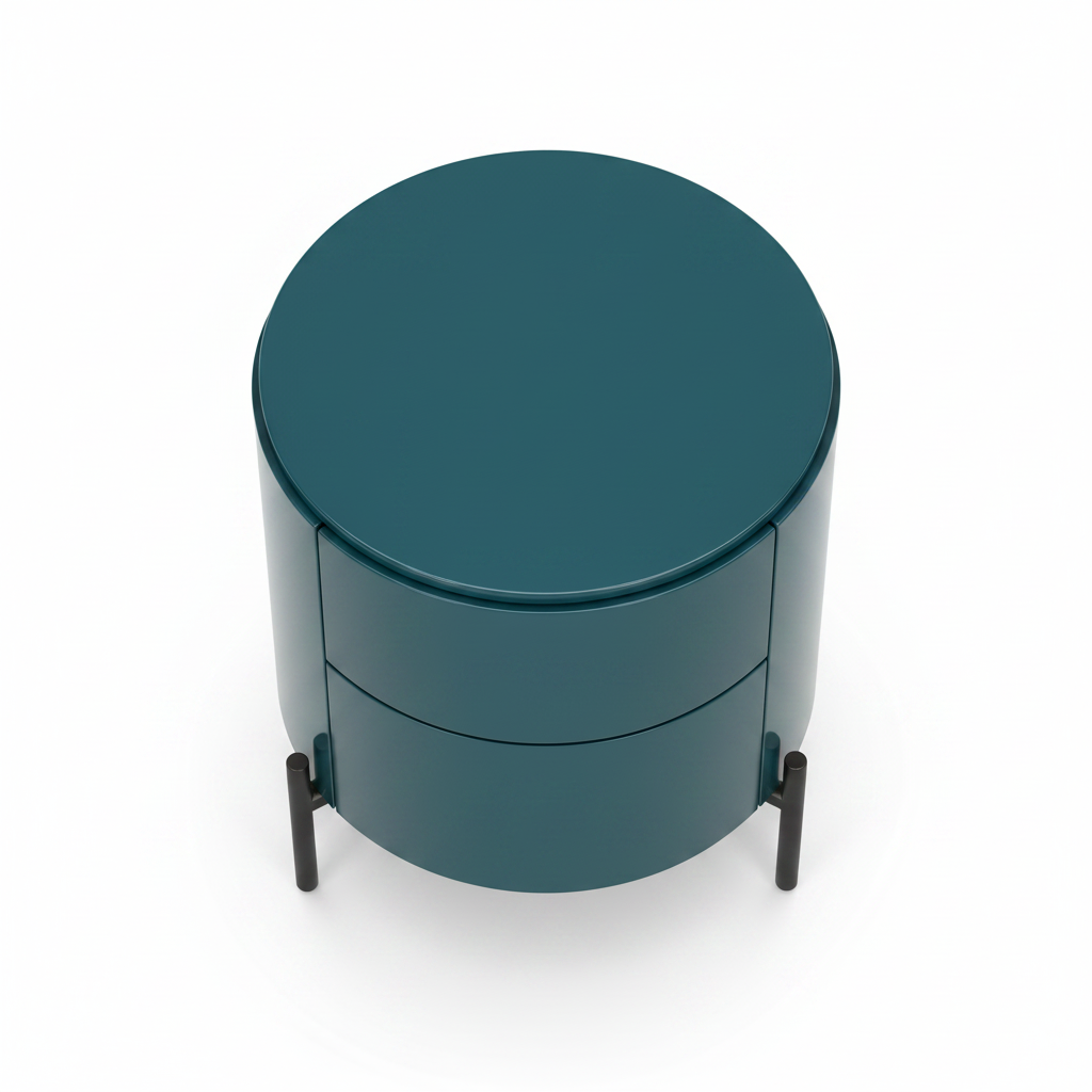 Top view of deep teal lacquer cylindrical bedside table showing round flat top