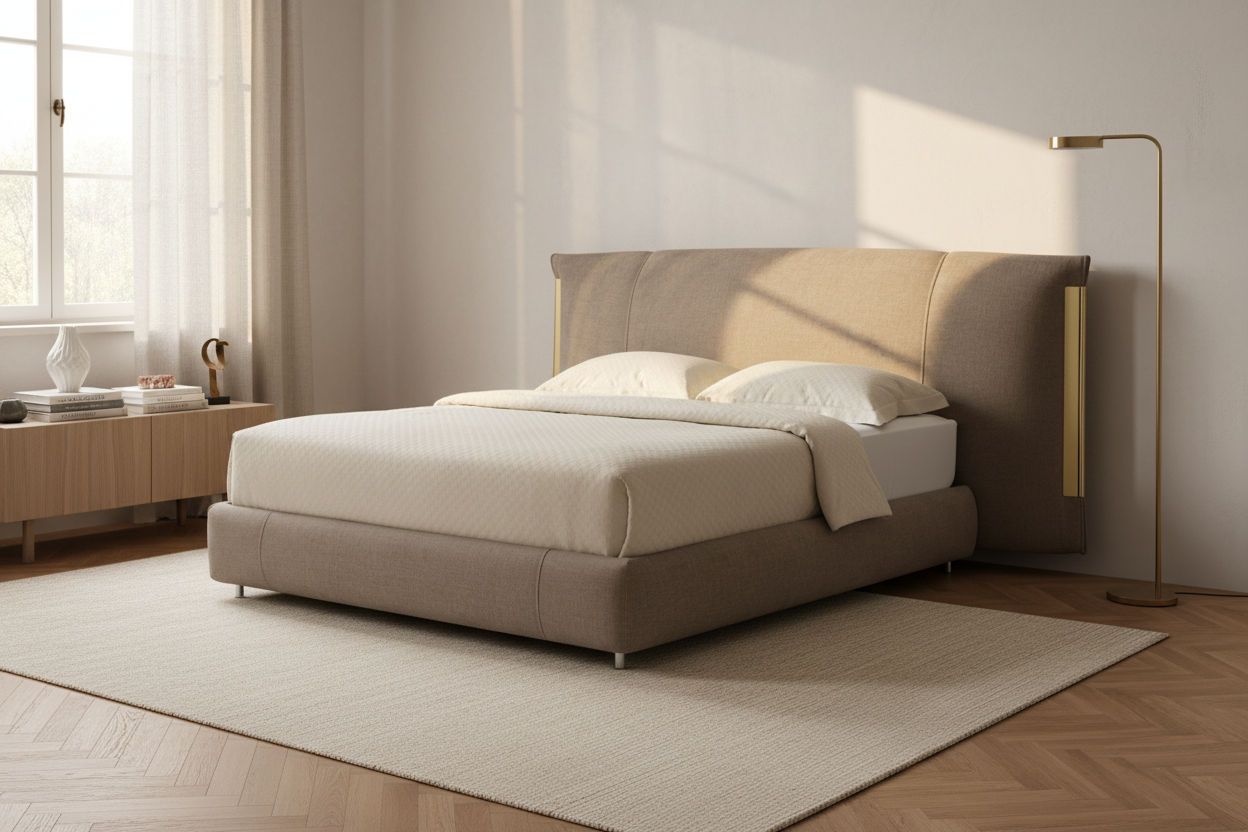 Aurel Bed Frame in a luxury Japandi Art Deco master bedroom with warm oak flooring and brass lamp