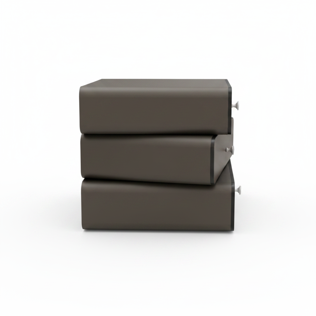 Side view of three stacked drawer dark taupe matte bedside table