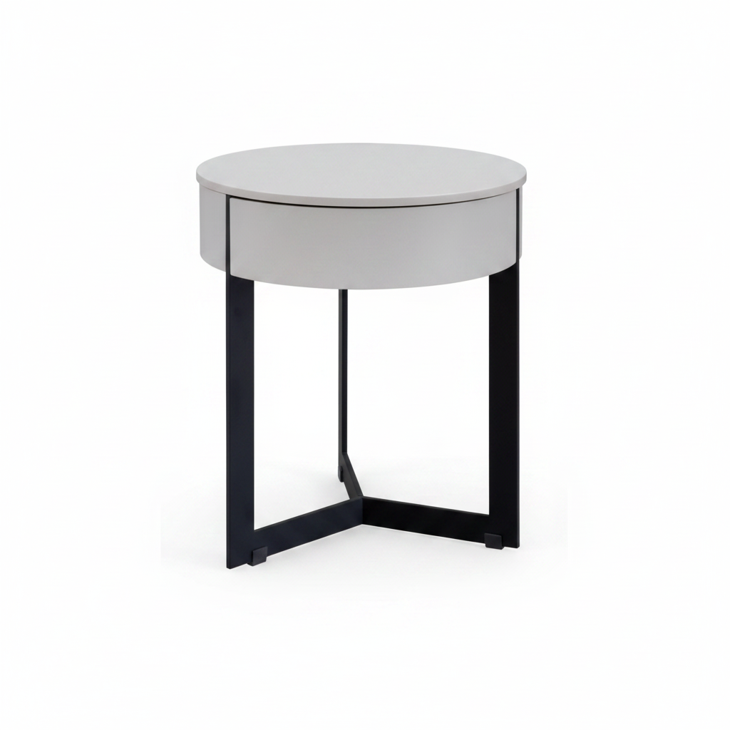 Side view of light grey matte cylindrical bedside table showing matte black X-shaped cross metal base