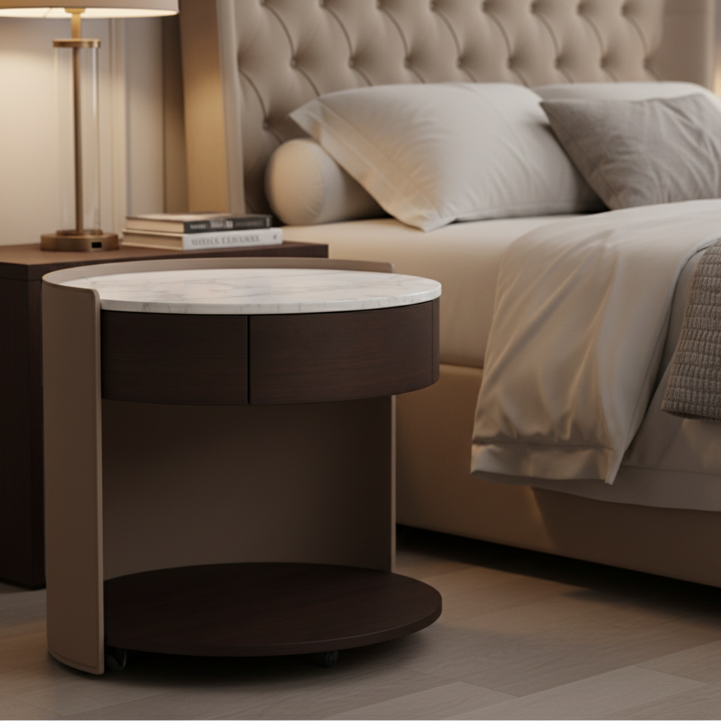 Close-up of white marble top and dark espresso wood grain on Rotondo Bedside Table