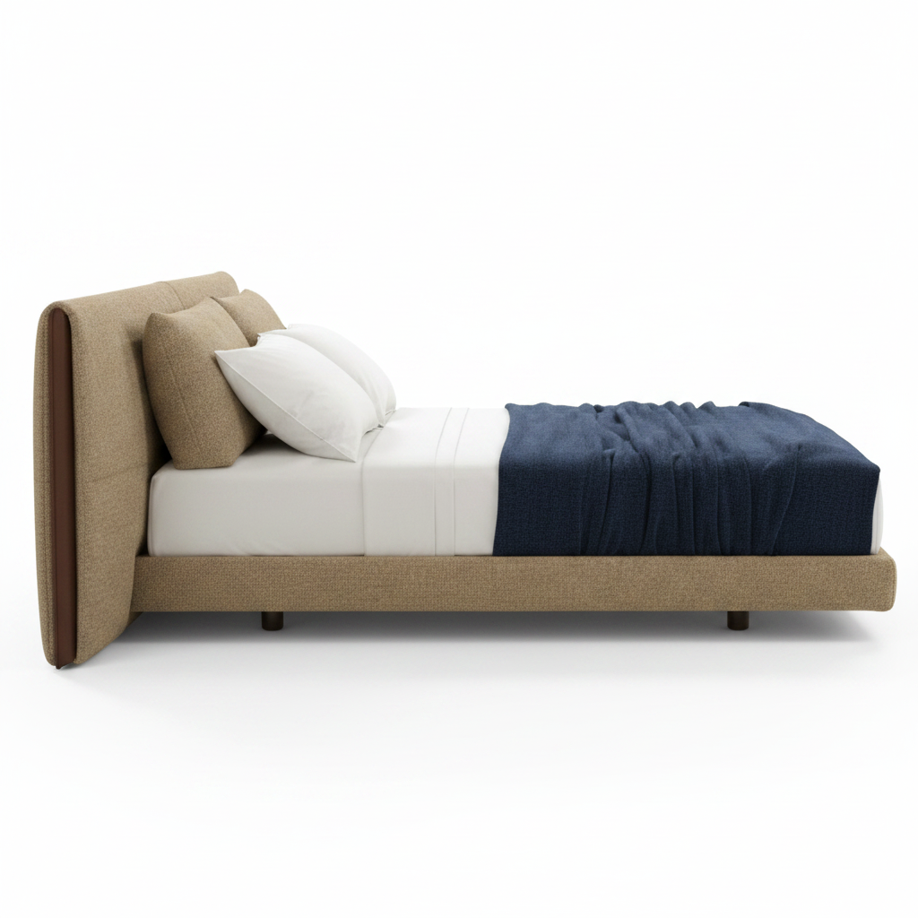 Velano Bed Frame side profile, low platform base, sandy beige boucle