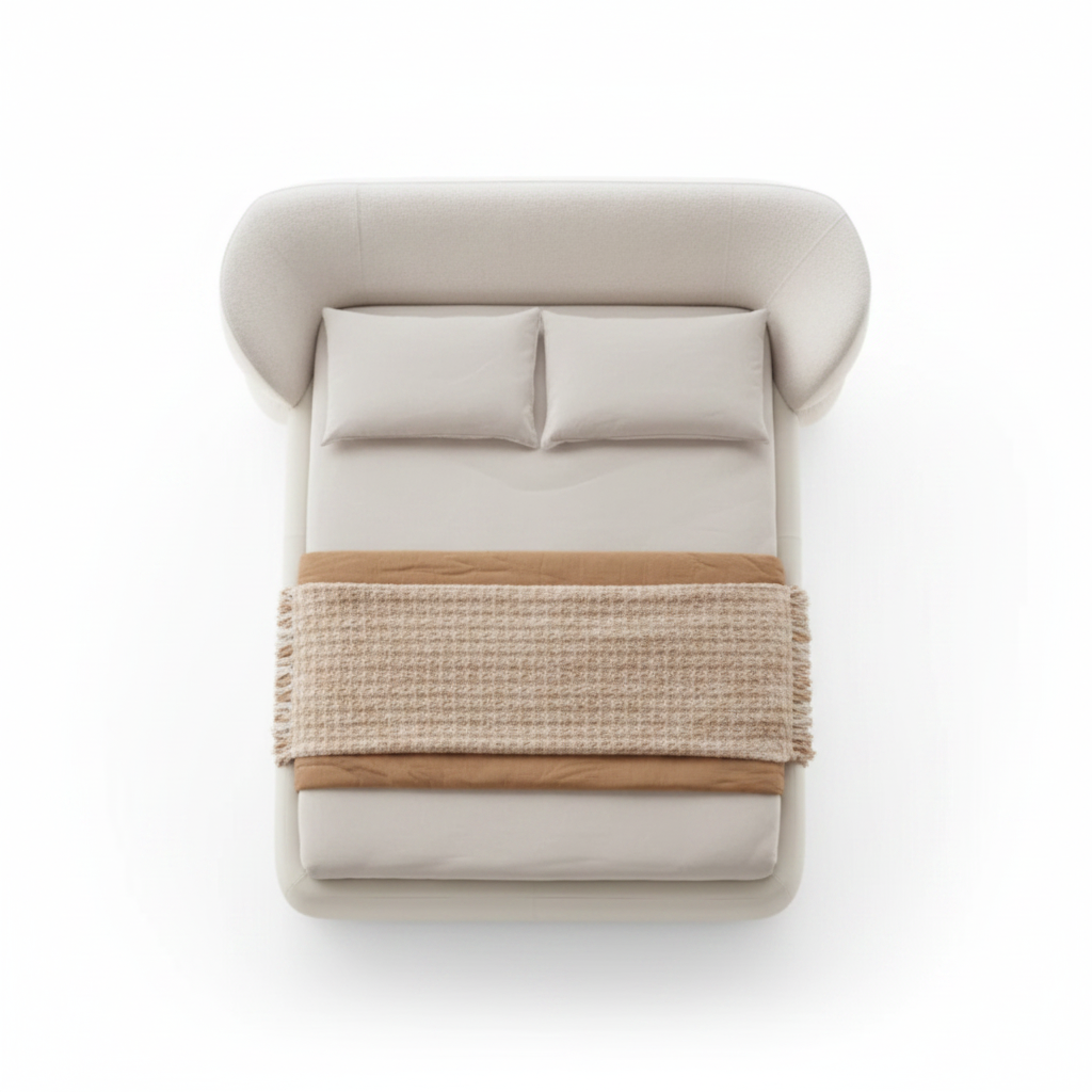Forma sculptural asymmetric upholstered bed in cream, top view