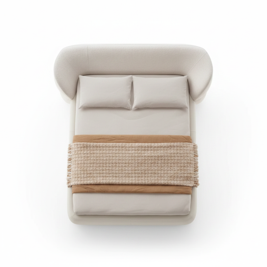 Forma sculptural asymmetric upholstered bed in cream, top view