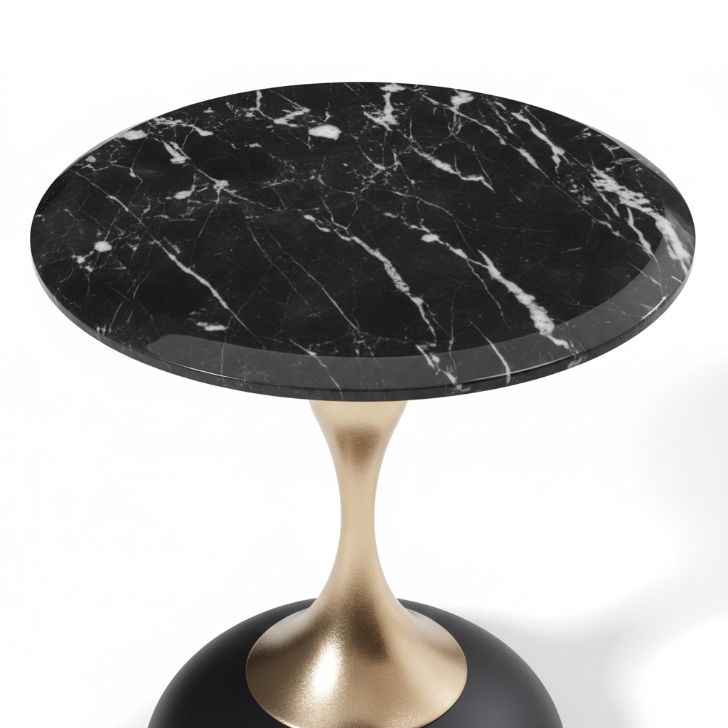 Close-up of Auris Side Table black marble top and gold hourglass stem detail