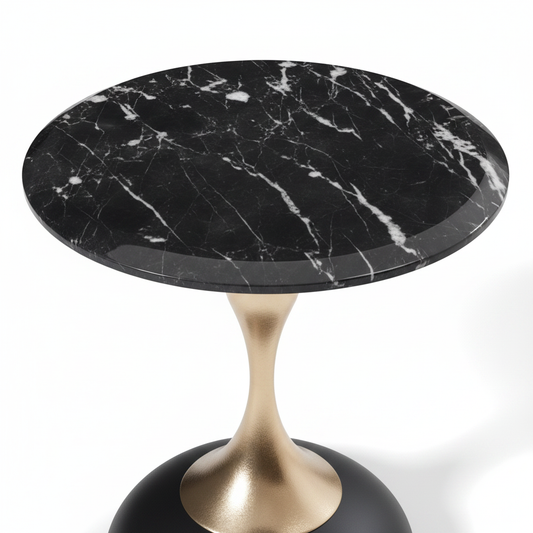 Close-up of Auris Side Table black marble top and gold hourglass stem detail