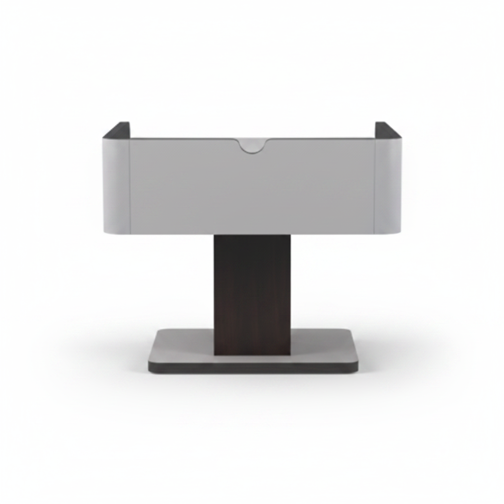 Back view of grey brushed metal top side table on dark espresso wood pedestal base