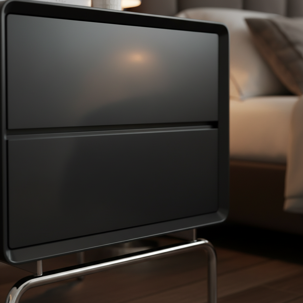 Close-up of glossy black lacquer surface and curved polished chrome sled base on Slitta Bedside Table