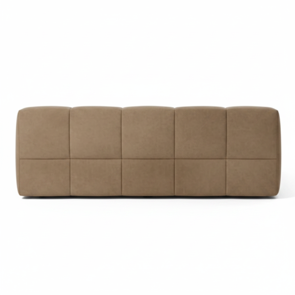 Bruma channel-tufted upholstered bed in warm taupe, back view