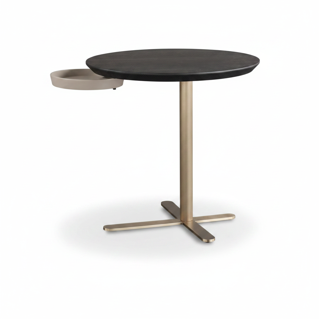 Pario Side Table side profile showing integrated tray and cross base, white background
