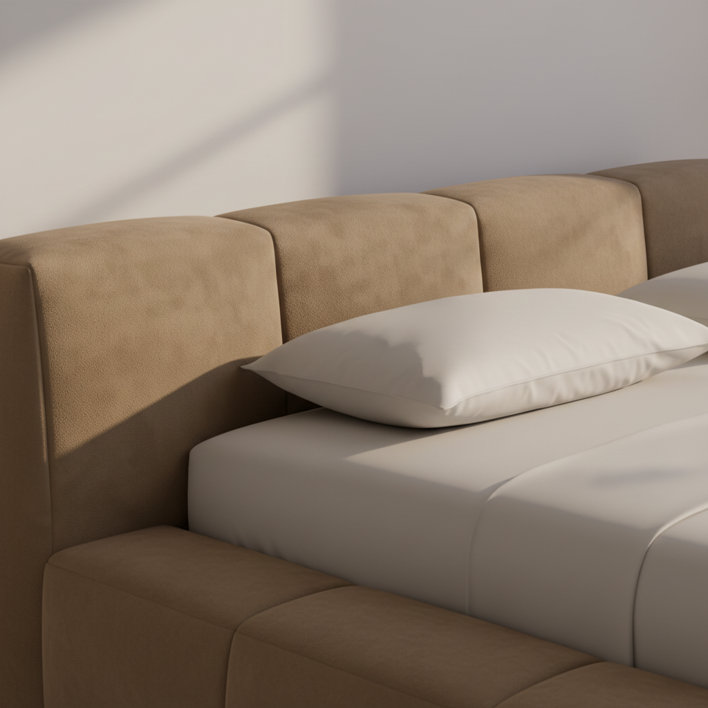 Close-up of Bruma bed channel tufting texture on headboard