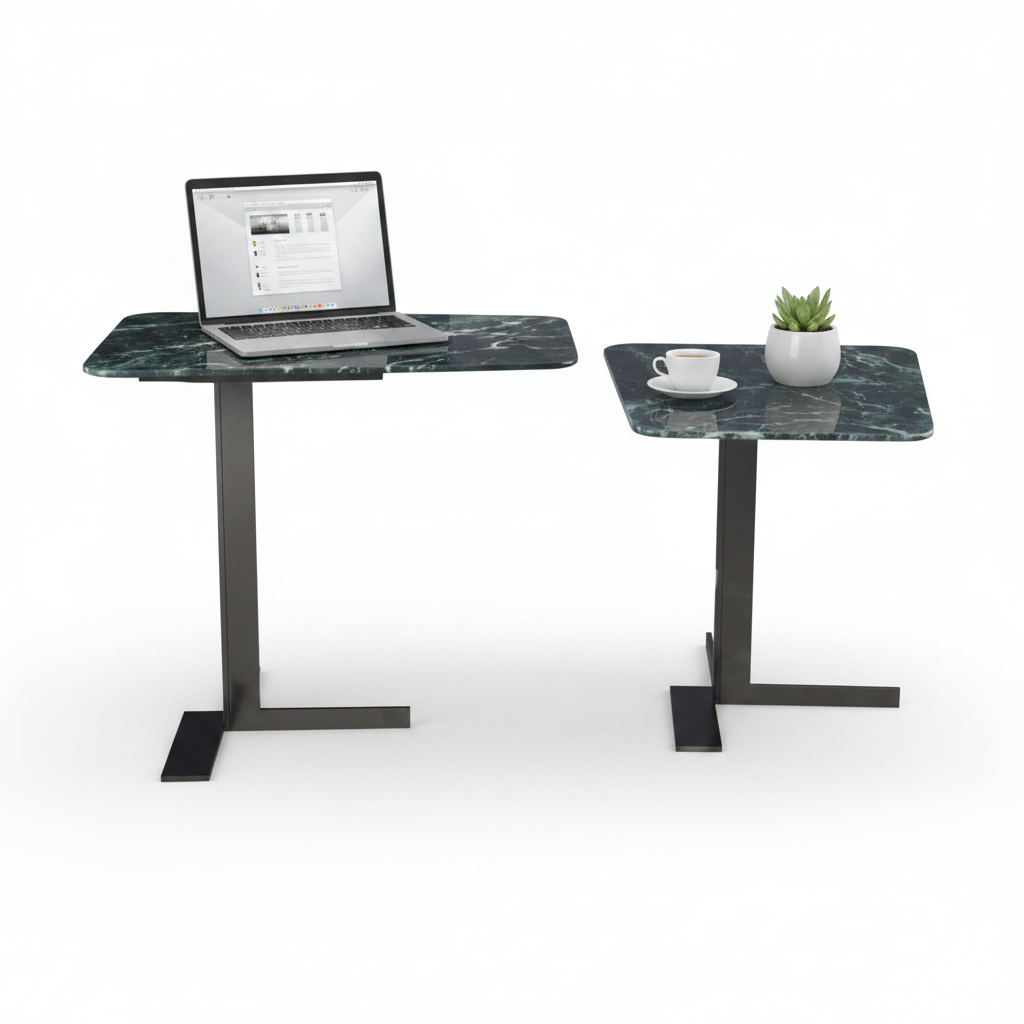 Latus Laptop Table both height variants styled with laptop and coffee cup