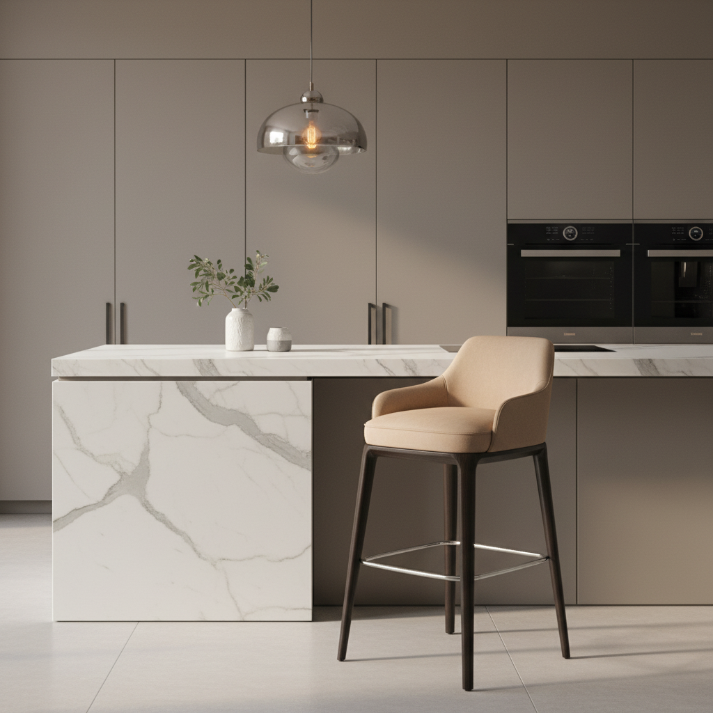 Beige fabric armed bar stool styled at a luxury modern kitchen island
