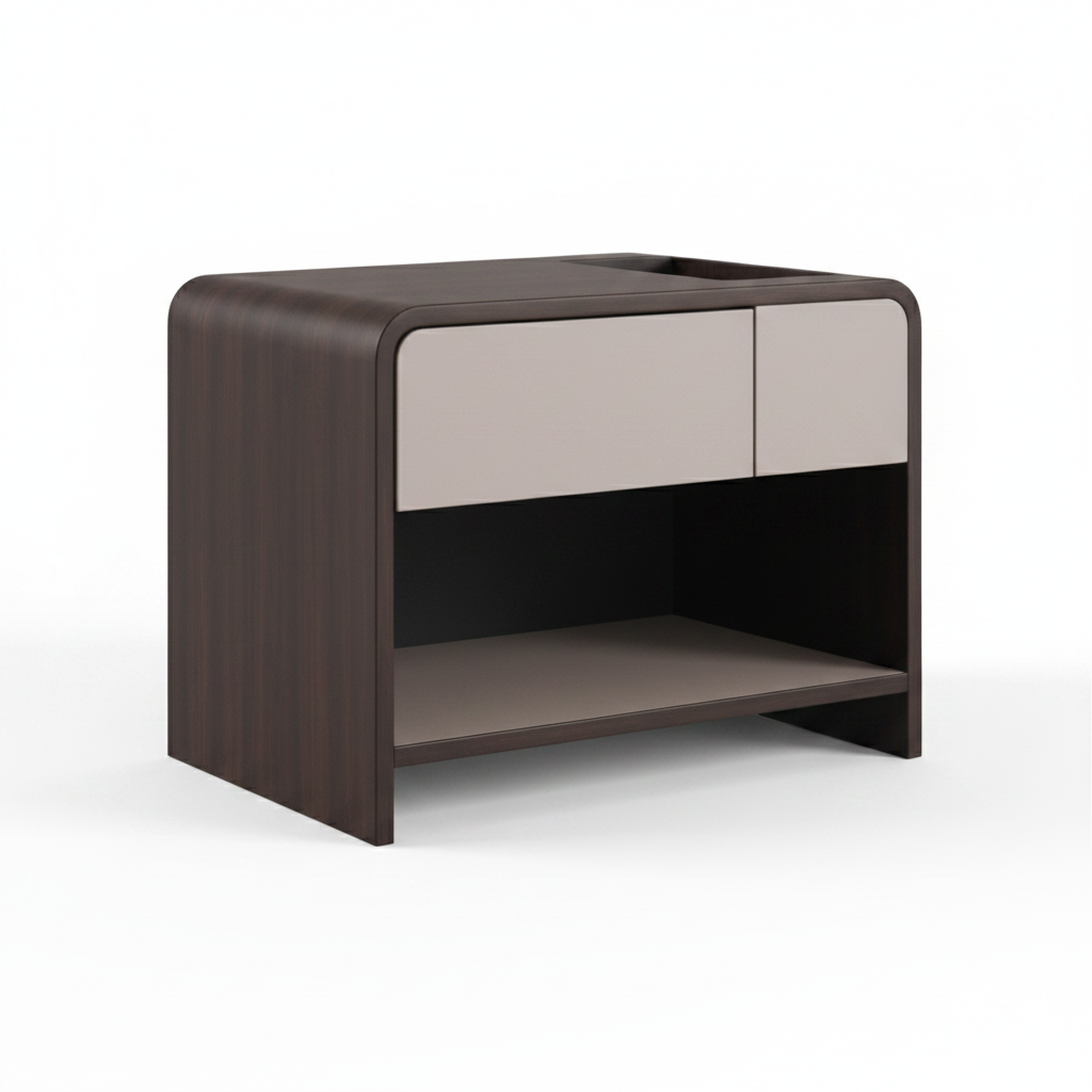 Three-quarter angled view of the Dune Bedside Table showing the two flush drawers and open lower shelf