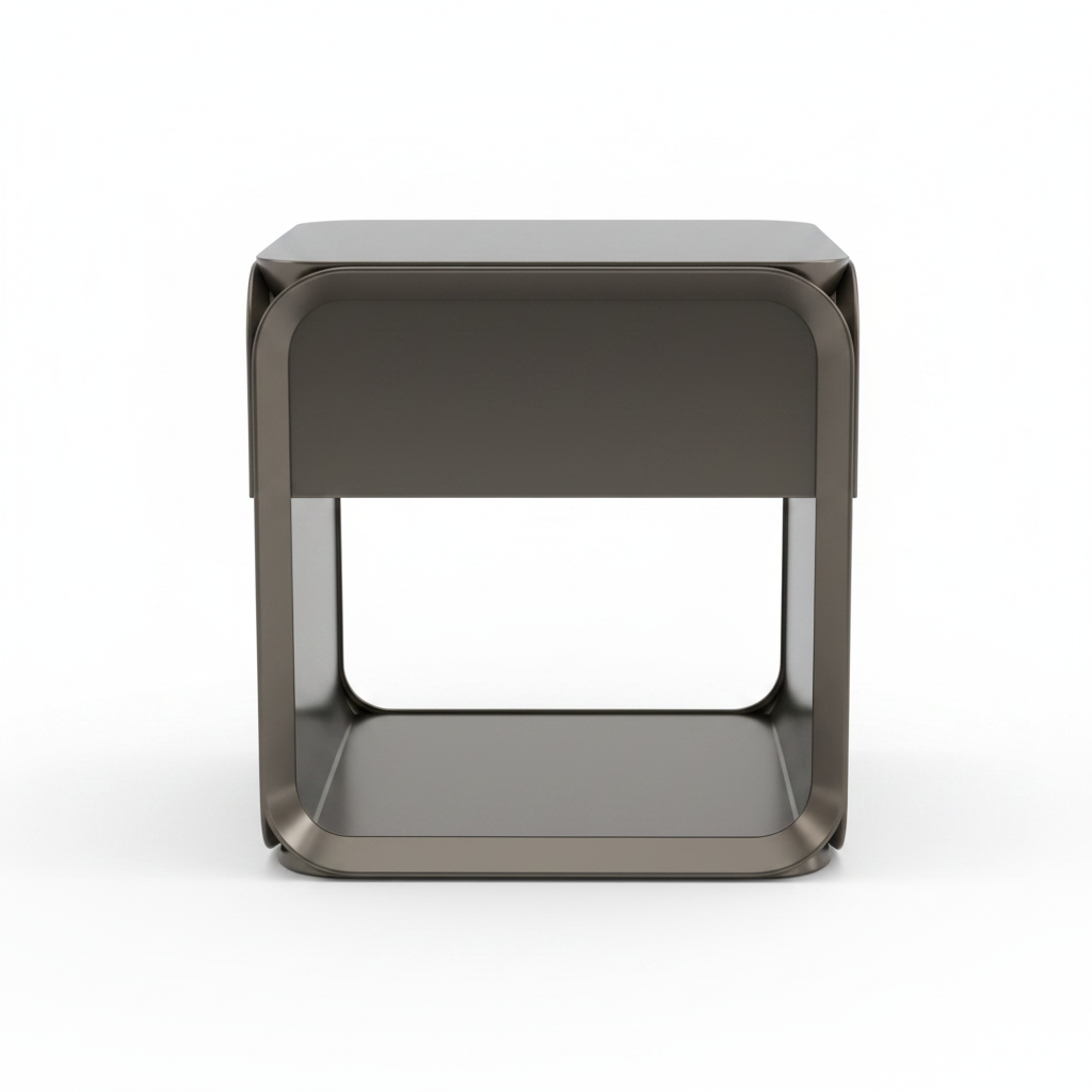 Side view of polished gunmetal stainless steel rounded bedside table with open arch shelf