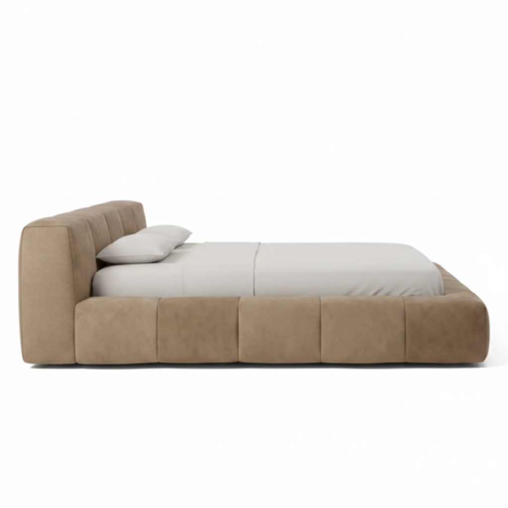 Bruma channel-tufted upholstered bed in warm taupe, side view