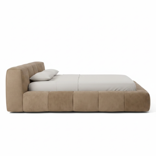 Bruma channel-tufted upholstered bed in warm taupe, side view