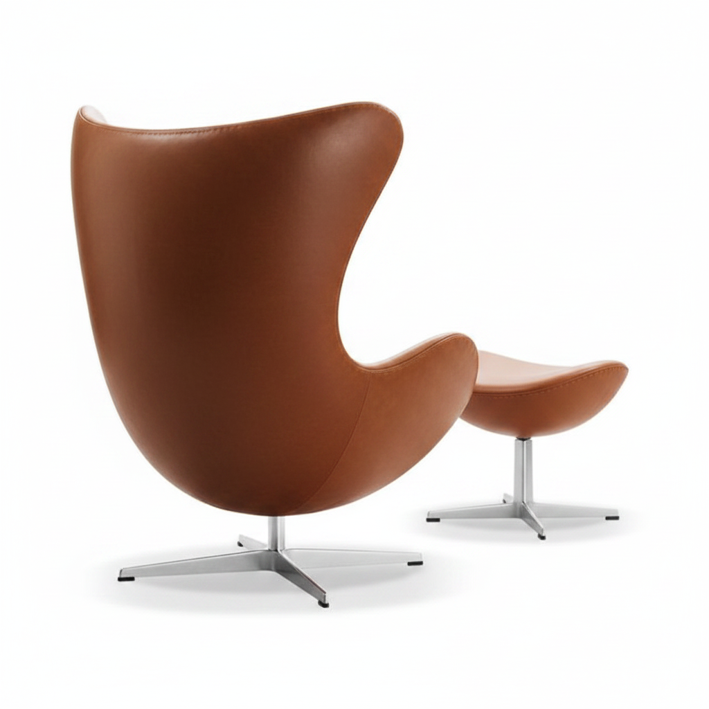 Back view of cognac tan leather egg chair showing smooth shell and aluminium base